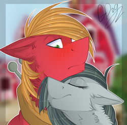 Size: 580x571 | Tagged: safe, artist:mrgdog, character:big mcintosh, character:marble pie, species:earth pony, species:pony, ship:marblemac, blushing, eyes closed, floppy ears, fluffy, frown, male, neck nuzzle, nuzzling, shipping, smiling, snuggling, stallion, straight