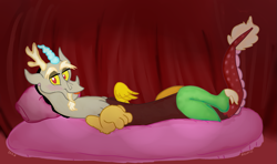 Size: 1213x718 | Tagged: dead source, safe, artist:discorcl, character:discord, bed, curtains, draw me like one of your french girls, lying down, male, on back, seductive pose, solo, tongue out