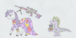 Size: 1708x868 | Tagged: safe, artist:agentappleblanket, character:rarity, character:spike, ammo can, camouflage, gun, heckler and koch, magic, pencil drawing, psg1, rifle, telekinesis, traditional art, weapon