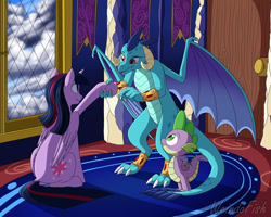 Size: 1024x819 | Tagged: safe, artist:weirdofish, character:princess ember, character:spike, character:twilight sparkle, character:twilight sparkle (alicorn), species:alicorn, species:dragon, species:pony, female, handshake, hoofshake, mare
