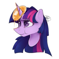 Size: 640x640 | Tagged: safe, artist:doodlepaintdraws, character:twilight sparkle, character:twilight sparkle (alicorn), species:alicorn, species:pony, female, food, horn impalement, i'm pancake, mare, pancakes, sharp horn, solo
