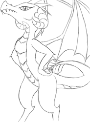 Size: 795x1080 | Tagged: safe, artist:robbergon, character:princess ember, species:dragon, dragoness, female, hand on hip, lineart, looking at you, monochrome, solo