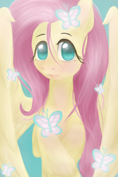 Size: 800x1200 | Tagged: safe, artist:lourita-shine, character:fluttershy, species:pegasus, species:pony, bust, butterfly, female, looking at you, mare, portrait, solo, spread wings, stray strand, unshorn fetlocks, wings