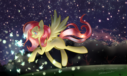 Size: 1720x1040 | Tagged: safe, artist:nalenthi, character:fluttershy, female, firefly, night, solo, stars