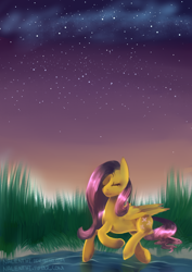 Size: 800x1132 | Tagged: safe, artist:nalenthi, character:fluttershy, species:pegasus, species:pony, female, solo, stars, water