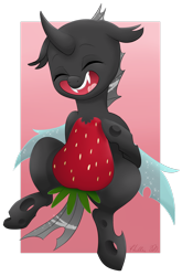 Size: 1024x1553 | Tagged: safe, artist:zombies8mywaffle, species:changeling, bite mark, cute, cuteling, food, happy, smiling, solo, strawberry