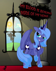 Size: 1936x2441 | Tagged: safe, artist:xscaralienx, character:princess luna, angry, bullet for my valentine, ow the edge, s1 luna, song reference, sun, young, younger, your betrayal