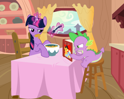 Size: 3782x3007 | Tagged: safe, artist:multiversecafe, character:spike, character:twilight sparkle, book, bowl, chair, curtain, curtains, duo, fanfic, fanfic art, fork, levitation, magic, reading, sitting, stool, table, table cloth, tablecloth, telekinesis, window