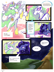 Size: 2394x3162 | Tagged: safe, artist:for-the-plot, character:princess celestia, character:princess luna, princess molestia, canterlot, comic, for the plot, high res, lake, lunaughty begins, night