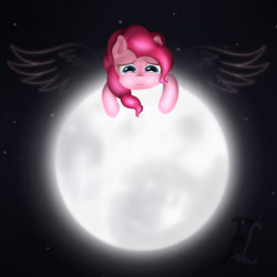 Size: 2248x2248 | Tagged: safe, artist:flufflelord, character:pinkie pie, alone, crying, cute, female, full moon, moon, on the moon, pink floyd, sad, solo, song reference, space, the dark side of the moon, wings