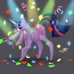 Size: 1024x1024 | Tagged: safe, artist:katemaximova, character:twilight sparkle, character:twilight sparkle (alicorn), species:alicorn, species:pony, episode:trade ya, g4, my little pony: friendship is magic, confetti, covering, female, hiding behind wing, looking at you, nervous, peeking, raised hoof, scene interpretation, shy, solo, wings