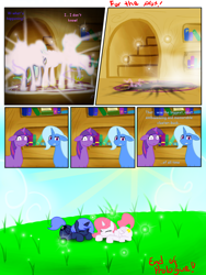 Size: 1024x1365 | Tagged: safe, artist:for-the-plot, character:princess celestia, character:princess luna, character:trixie, character:twilight sparkle, species:pony, princess molestia, comic, field, filly, for the plot, lunaughty, sunshine, woona