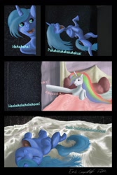 Size: 900x1350 | Tagged: safe, artist:for-the-plot, character:princess celestia, character:princess luna, artificial moon, comic, laughing, mischief, ponies shorties, prank, unamused