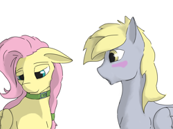 Size: 2000x1484 | Tagged: safe, artist:hrom, character:derpy hooves, character:fluttershy, species:pegasus, species:pony, ship:derpyshy, collar, female, lesbian, mare, shipping, simple background
