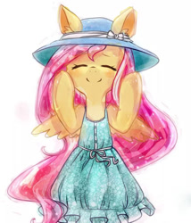 Size: 720x840 | Tagged: safe, artist:kinda-l, character:fluttershy, clothing, cute, dress, ear fluff, eyes closed, female, happy, hat, semi-anthro, shyabetes, simple background, smiling, solo, white background