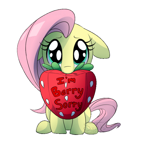 Size: 600x600 | Tagged: safe, artist:sweettots, character:fluttershy, animated, berry, cute, diabetes, eye shimmer, female, floppy ears, food, mouth hold, plushie, pun, puppy dog eyes, shyabetes, simple background, solo, sorry, strawberry, transparent background, weapons-grade cute
