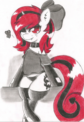 Size: 1468x2126 | Tagged: safe, artist:lmlstaticdash, oc, oc only, oc:lilith, clothing, collar, fangs, gloves, latex, latex gloves, latex socks, looking at you, shirt, sitting, socks, solo, traditional art, wink