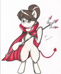 Size: 1700x2055 | Tagged: safe, artist:lmlstaticdash, character:raven inkwell, cape, clothing, collar, devil horns, devil tail, glasses, looking at you, piercing, solo, traditional art, trident