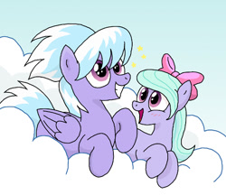 Size: 602x521 | Tagged: safe, artist:manulis, character:cloudchaser, character:flitter, species:pegasus, species:pony, blushing, bow, cloud, female, folded wings, grin, hair bow, happy, looking up, mare, on a cloud, open mouth, prone, sky, smiling
