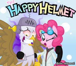 Size: 900x780 | Tagged: safe, artist:sunyup, character:gilda, character:pinkie pie, species:griffon, forced smile, happy happy joy joy, happy helmet, mind control, ren and stimpy, scientist