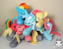 Size: 4200x3300 | Tagged: safe, artist:janellesplushies, character:derpy hooves, character:fluttershy, character:lyra heartstrings, character:pinkie pie, character:rainbow dash, species:pegasus, species:pony, cuddle puddle, cuddling, cute, dawwww, female, irl, mare, photo, plushie, pony pile