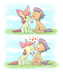 Size: 1350x1550 | Tagged: safe, artist:dzmaylon, character:apple bloom, character:tender taps, species:earth pony, species:pony, ship:tenderbloom, adorabloom, blushing, colt, cute, cutie mark, eyes closed, female, filly, floppy ears, heart, kiss on the cheek, kissing, leg twitch, male, raised hoof, shipping, sitting, smiling, straight, surprise kiss, surprised, tendaww taps, the cmc's cutie marks, thump, wide eyes
