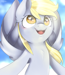 Size: 800x920 | Tagged: safe, artist:okaces, character:derpy hooves, species:pegasus, species:pony, chest fluff, ear fluff, female, flying, happy, heart eyes, mare, sky, smiling, solo, wingding eyes
