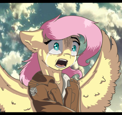 Size: 898x850 | Tagged: safe, artist:aliceub, character:fluttershy, attack on titan, clothing, crossover, crying, female, floppy ears, jacket, shirt, solo