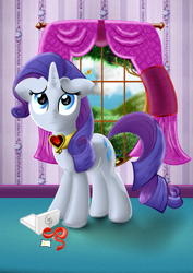 Size: 1131x1600 | Tagged: safe, artist:chaosdrop, character:rarity, species:pony, species:unicorn, female, fire ruby, mare, solo, window
