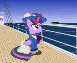 Size: 3377x2791 | Tagged: safe, artist:gennadykalugina, character:fluttershy, character:twilight sparkle, character:twilight sparkle (alicorn), species:alicorn, species:pony, alternate hairstyle, boat, clothing, female, folded wings, glowing horn, hair bun, hat, horn, magic, mare, solo, sun hat, telekinesis, vector