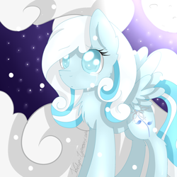Size: 1024x1024 | Tagged: safe, artist:jaidyn-fangtrap, oc, oc only, oc:snowdrop, chest fluff, cloud, crying, full moon, moon, night, older, snow, snowfall, solo, spread wings, stars, wings