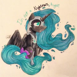 Size: 1024x1024 | Tagged: safe, artist:doodlepaintdraws, character:nightmare moon, character:princess luna, crying, female, sitting, solo, spread wings, traditional art, watermark, wings