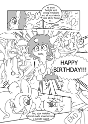 Size: 1735x2456 | Tagged: safe, artist:traditionaldrawfaglvl1, character:pinkie pie, character:twilight sparkle, oc, oc:anon, oc:filly anon, /mlp/, birthday, comic, dialogue, female, filly, monochrome, vulgar