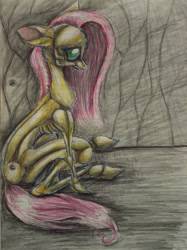 Size: 1280x1707 | Tagged: safe, artist:sweetstrawberryblood, character:fluttershy, female, flutterbot, lined paper, pen drawing, sitting, solo, traditional art