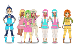 Size: 2000x1260 | Tagged: safe, artist:kathara_khan, character:aloe, character:carrot top, character:daisy, character:golden harvest, character:lily, character:lily valley, character:lotus blossom, character:princess ember, species:human, anklet, belly button, belt, boots, clothing, converse, dark skin, dragon lord ember, flats, gloves, group, hat, humanized, kisekae, mary janes, midriff, overalls, pantyhose, pleated skirt, shoes, simple background, skirt, socks, spa twins, striped pantyhose, striped socks, the horror, white background