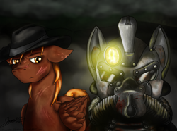 Size: 3840x2860 | Tagged: safe, artist:thunder-stream, oc, oc only, oc:calamity, oc:steelhooves, species:earth pony, species:pegasus, species:pony, fallout equestria, applejack's rangers, armor, clothing, dashite, fanfic, fanfic art, floppy ears, hat, hooves, male, power armor, powered exoskeleton, stallion, steel ranger, wings