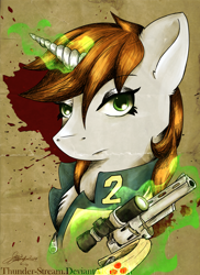 Size: 1024x1408 | Tagged: safe, artist:thunder-stream, oc, oc only, oc:littlepip, species:pony, species:unicorn, fallout equestria, abstract background, blood stains, bust, clothing, fanfic, fanfic art, female, glowing horn, gun, handgun, horn, levitation, little macintosh, magic, mare, optical sight, portrait, revolver, scope, solo, telekinesis, vault suit, weapon
