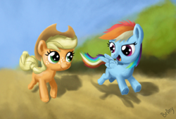 Size: 900x607 | Tagged: safe, artist:br0ny, character:applejack, character:rainbow dash, species:earth pony, species:pegasus, species:pony, g4, cute, dashabetes, duo, female, filly, foal, jackabetes, open mouth, running