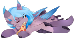 Size: 1024x531 | Tagged: safe, artist:princesstiramichyuu, oc, oc only, species:dracony, colored wings, colored wingtips, eating, food, hybrid, pizza, solo