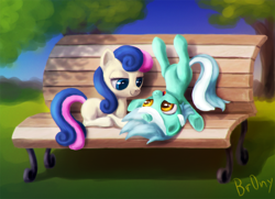 Size: 1000x724 | Tagged: safe, artist:br0ny, character:bon bon, character:lyra heartstrings, character:sweetie drops, species:earth pony, species:pony, species:unicorn, ship:lyrabon, g4, adorabon, bench, cute, eye contact, female, filly, foal, foal romance, lesbian, lyrabetes, photoshop, prone, shipping, smiling, toy ship, upside down, younger