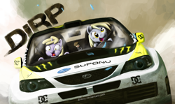 Size: 2000x1191 | Tagged: safe, artist:br0ny, character:derpy hooves, character:dinky hooves, species:pegasus, species:pony, species:unicorn, g4, bobblehead, car, colin mcrae dirt, crossover, dc shoes, derpy driving, dirt, driving, equestria's worst mother, feather, featured on derpibooru, female, filly, foal endangerment, food, ken block, mare, monster energy, muffin, open mouth, parody, photoshop, scared, screaming, smiling, subaru, subaru impreza, this will end in tears, video game, wallpaper, wide eyes