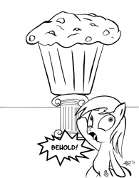 Size: 1200x1541 | Tagged: safe, artist:boxedsurprise, character:derpy hooves, species:pegasus, species:pony, behold, female, food, giant muffin, mare, monochrome, muffin, solo, wat