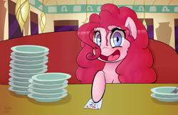 Size: 1100x713 | Tagged: safe, artist:pinkiesheen, character:pinkie pie, episode:the saddle row review, g4, my little pony: friendship is magic, bill, diner, dishes, female, scene interpretation, solo