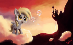 Size: 1920x1189 | Tagged: safe, artist:br0ny, character:derpy hooves, species:pegasus, species:pony, g4, blank flank, bubble, canterlot, cloud, cloudy, female, filly, filly derpy, foal, hooves, on a cloud, photoshop, solo, spread wings, standing on a cloud, wallpaper, wings, younger