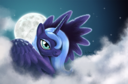 Size: 1920x1264 | Tagged: safe, artist:br0ny, character:princess luna, species:alicorn, species:pony, g4, cloud, cloudy, female, mare, moon, photoshop, s1 luna, solo