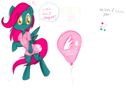 Size: 1178x844 | Tagged: safe, artist:retl, oc, oc only, oc:air heart, fallout equestria, balloon, butterfly, color palette, dialogue, solo, speech bubble, surprised, wings