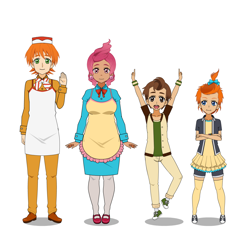 Size: 1264x1260 | Tagged: safe, artist:kathara_khan, character:carrot cake, character:cup cake, character:pound cake, character:pumpkin cake, species:human, apron, bow tie, bracelet, cake family, cake twins, clothing, converse, dress, ear piercing, earring, group, hair bow, hat, humanized, jewelry, jumping, kisekae, mary janes, older, pants, pantyhose, piercing, shirt, shoes, shorts, simple background, skirt, sneakers, socks, thigh highs, white background