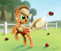 Size: 1000x850 | Tagged: safe, artist:br0ny, character:applejack, species:earth pony, species:pony, g4, apple, female, fence, happy, mare, photoshop, rearing, solo