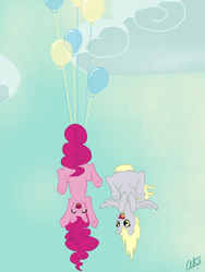Size: 1500x2000 | Tagged: safe, artist:starfox365, character:derpy hooves, character:pinkie pie, species:pegasus, species:pony, balloon, featureless crotch, female, hung upside down, mare, then watch her balloons lift her up to the sky, upside down