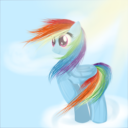 Size: 900x900 | Tagged: safe, artist:moonsharddragon, character:rainbow dash, species:pegasus, species:pony, cloud, female, folded wings, mare, raised hoof, sky, smiling, solo, windswept mane, wings